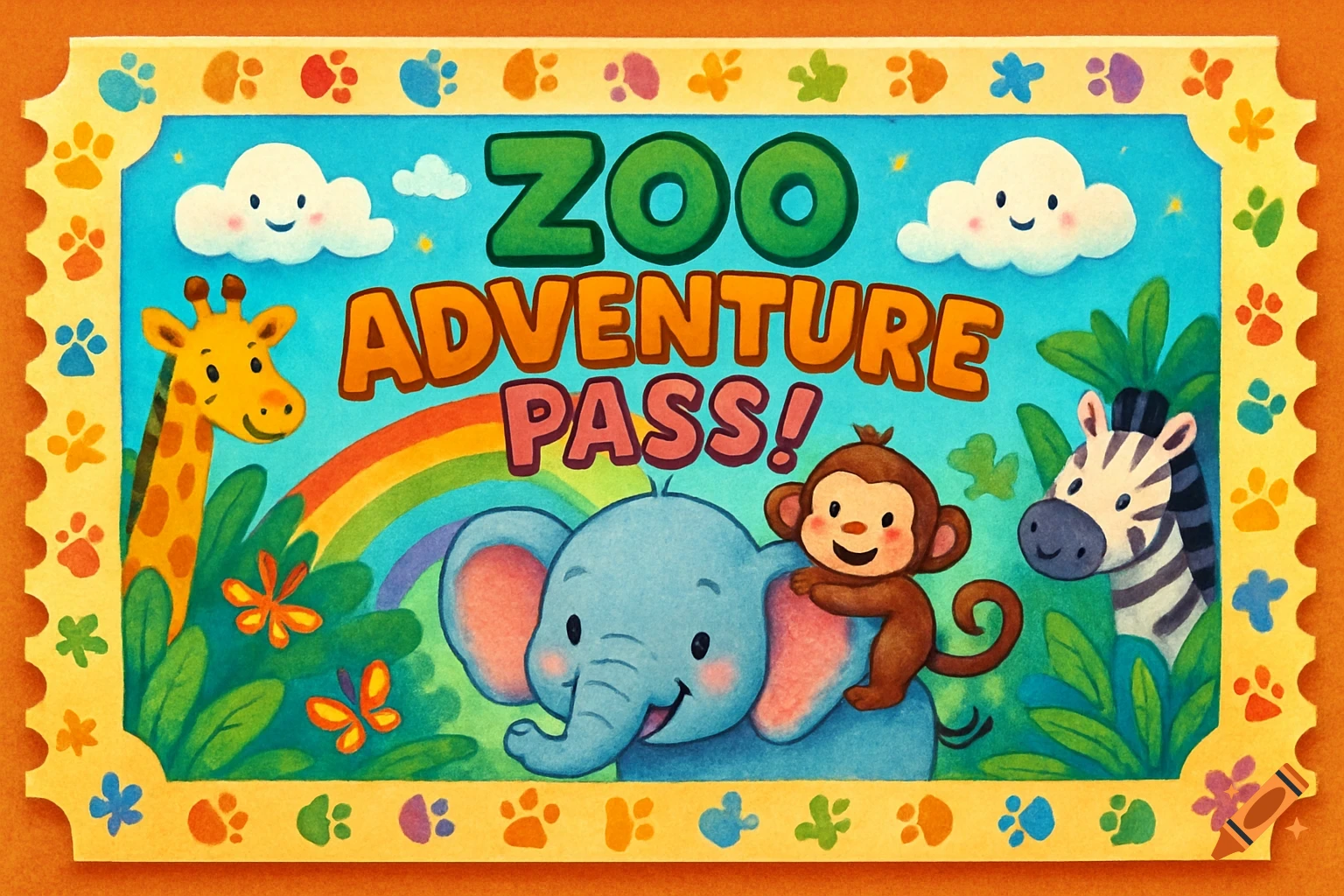 Colorful cartoon zoo adventure pass with a giraffe, elephant, monkey, and zebra against a blue sky with a rainbow.