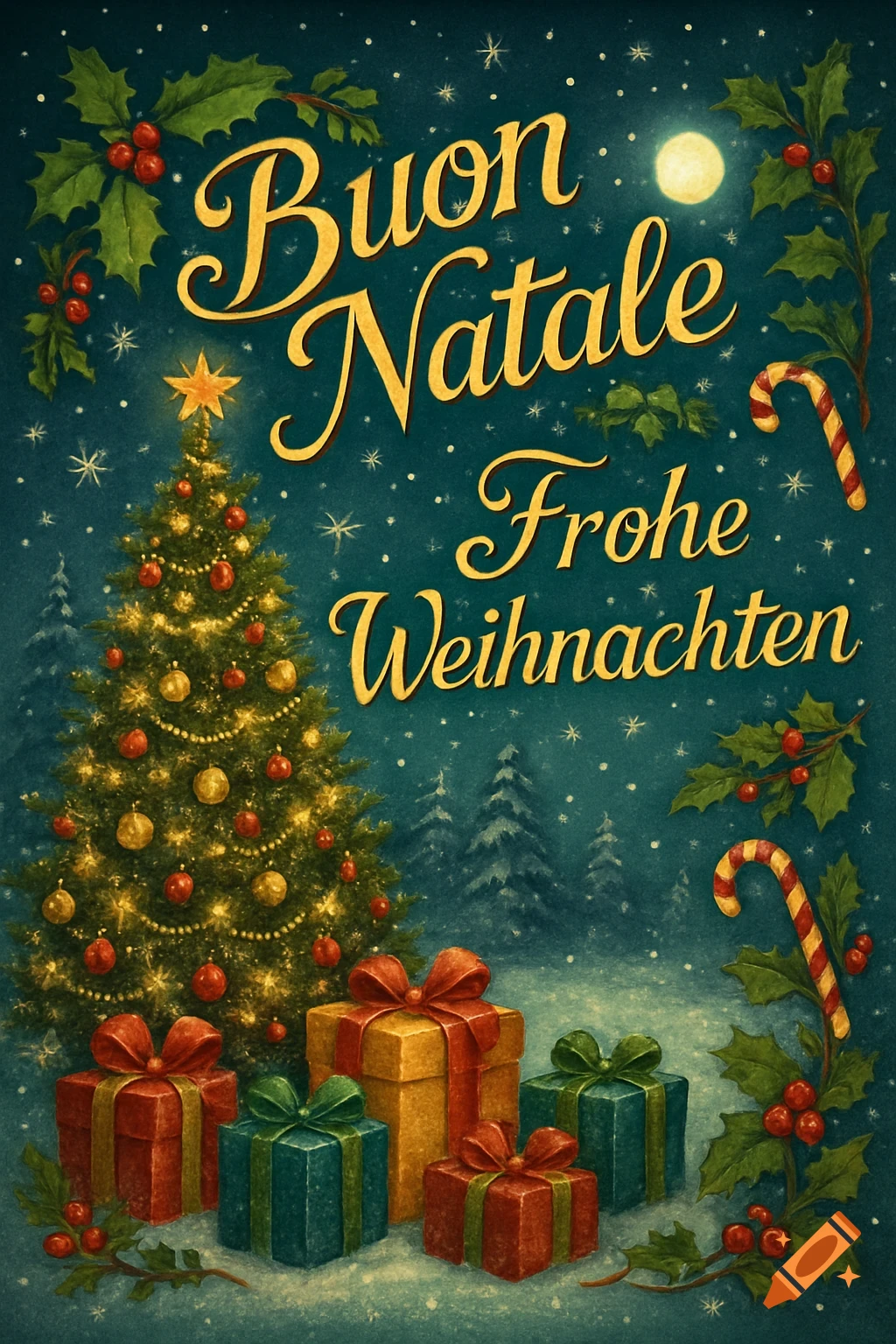 Vintage-style Christmas illustration with a decorated tree, gifts, holly, and the text "Buon Natale Frohe Weihnachten" under a full moon.