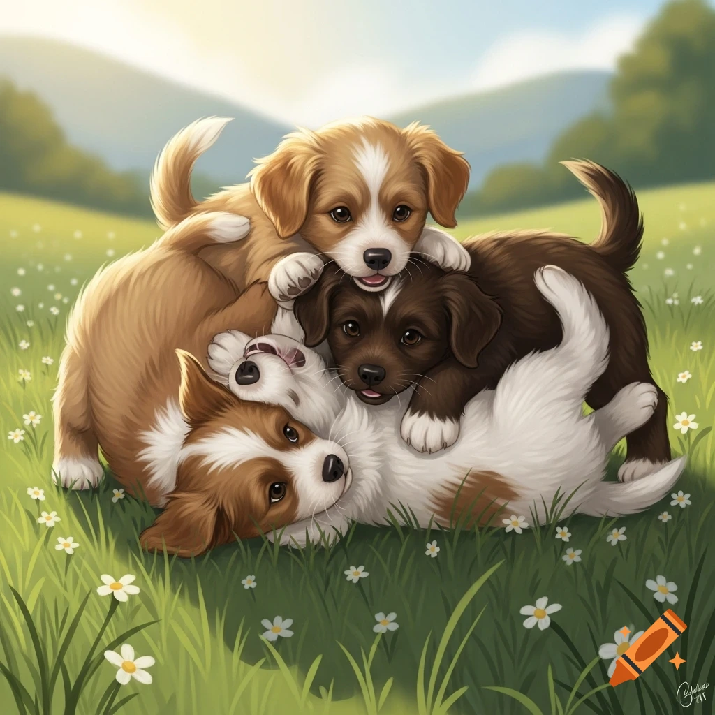 Three adorable puppies playfully pile on top of each other in a sunny, grassy field filled with small white flowers.
