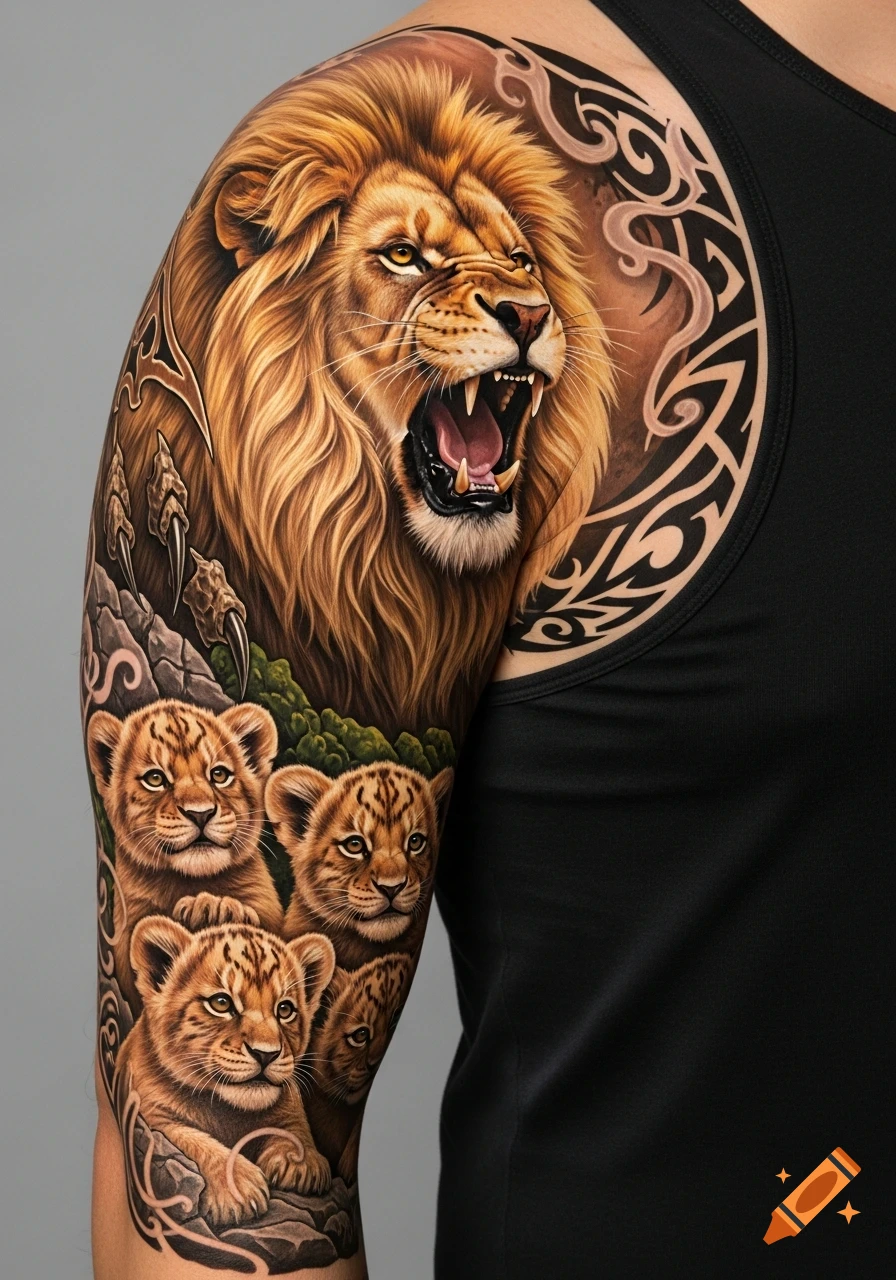A detailed full-sleeve tattoo on an arm featuring a roaring male lion protecting three cubs amidst tribal patterns.