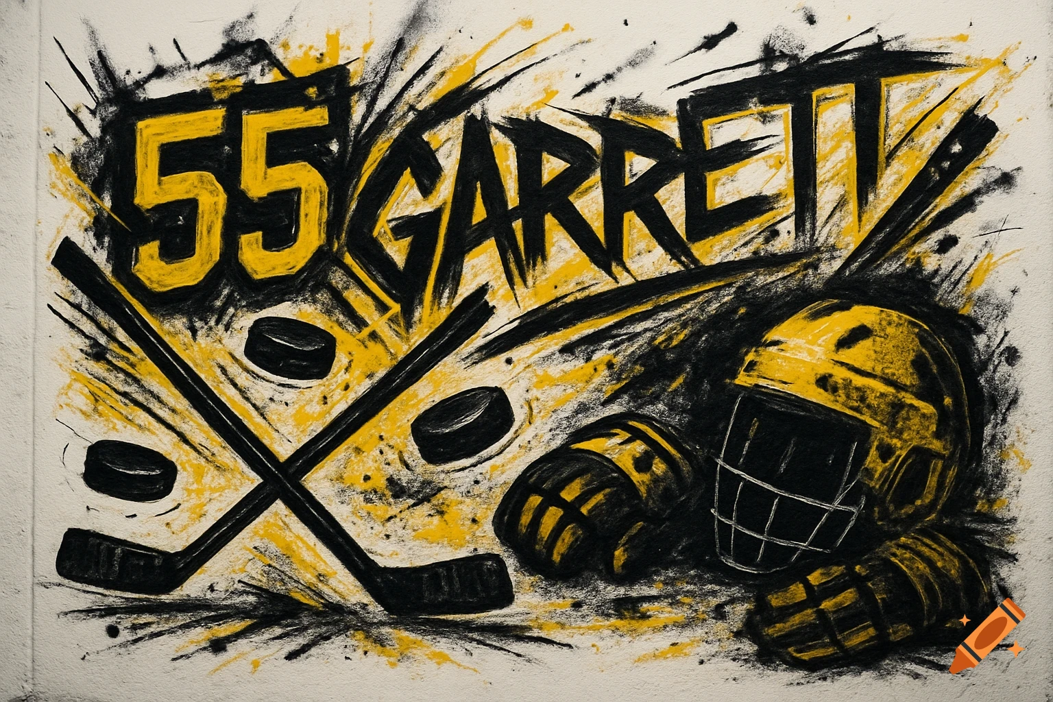 Gritty black and yellow graffiti-style illustration of '55 GARRETT' with hockey sticks, pucks, gloves, and a helmet on a white background.