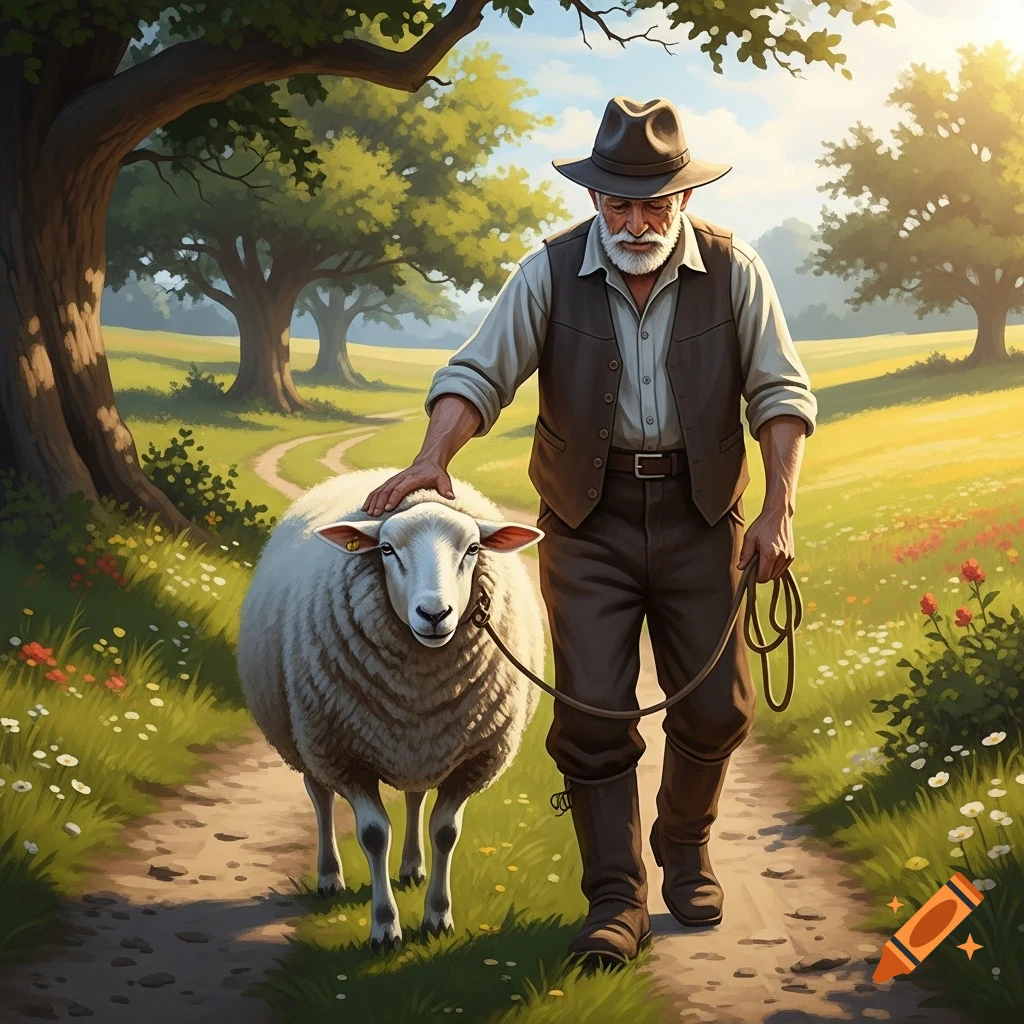 An old man in a hat and vest walks a fluffy sheep on a leash down a sunlit dirt path through a vibrant green field with trees. Painterly art.