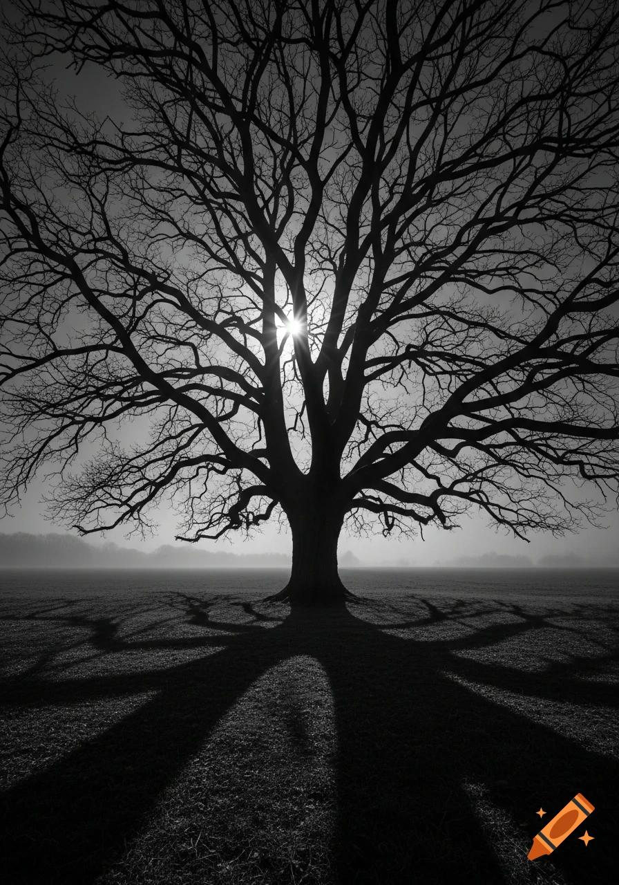 A striking black and white image of a large, bare tree silhouetted against a bright sky, casting long shadows across a misty field.