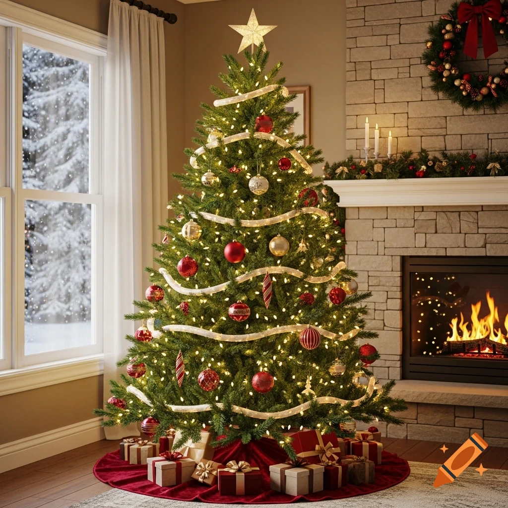 A photorealistic Christmas tree with lights, red and gold ornaments, and presents, beside a stone fireplace and snowy window.