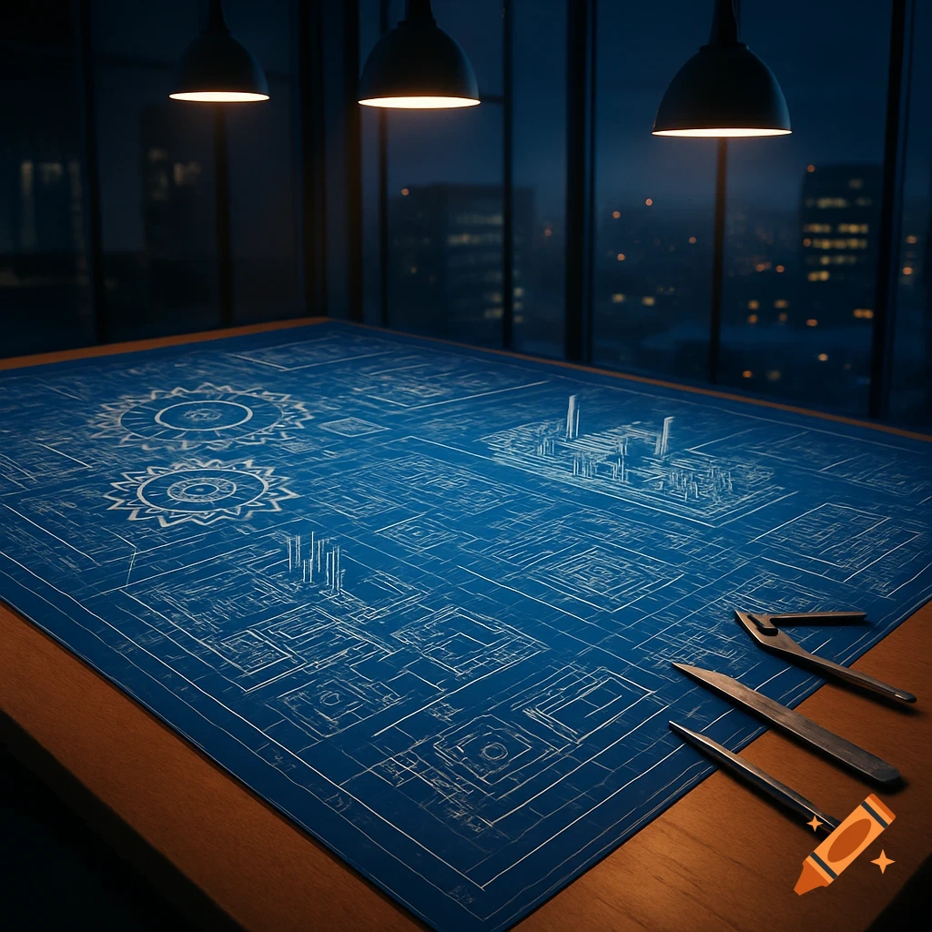 A large blue blueprint with intricate white lines is spread across a wooden table, illuminated by three pendant lamps. In the background, a blurry cityscape at night is visible through a window.