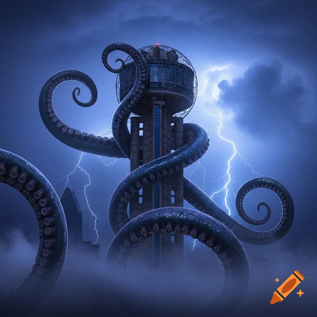 Giant dark tentacles wrap around the Dallas Reunion Tower during a stormy night with lightning.