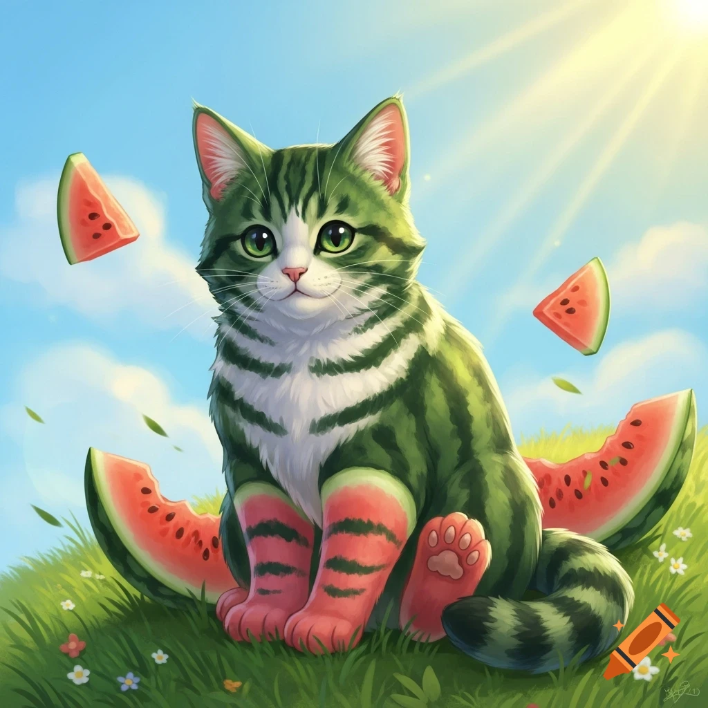 A whimsical green tabby cat with watermelon patterns and red paws sits in sunny grass, with watermelon slices floating nearby.