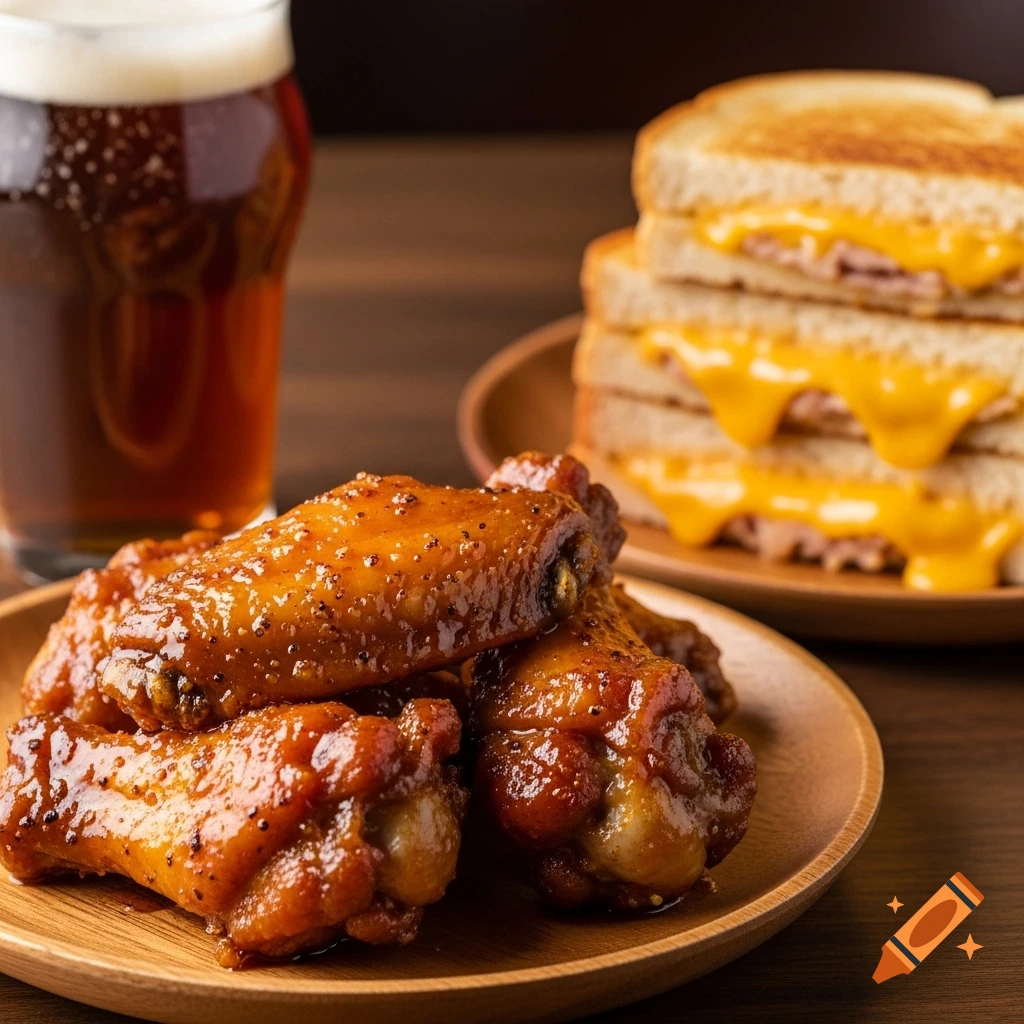 Close-up of glazed chicken wings and stacked grilled cheese sandwiches with melted cheese, a blurred glass of beer in the background.