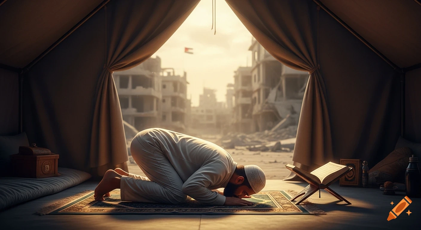 A man prays in prostration inside a refugee tent, with an open Quran nearby, overlooking a city in ruins outside. Photorealistic style.
