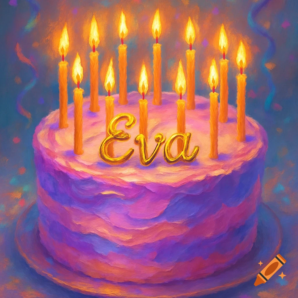 Painterly birthday cake with pink and purple layers, 10 lit candles, and golden 'Eva' text on top.