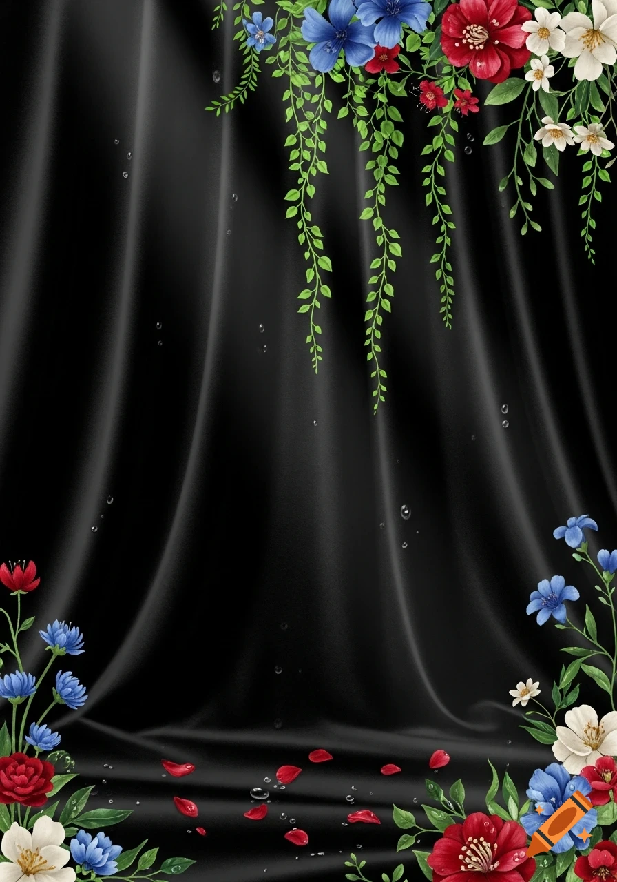 A black velvet background adorned with red, blue, and white flowers, green vines, scattered petals, and water droplets.