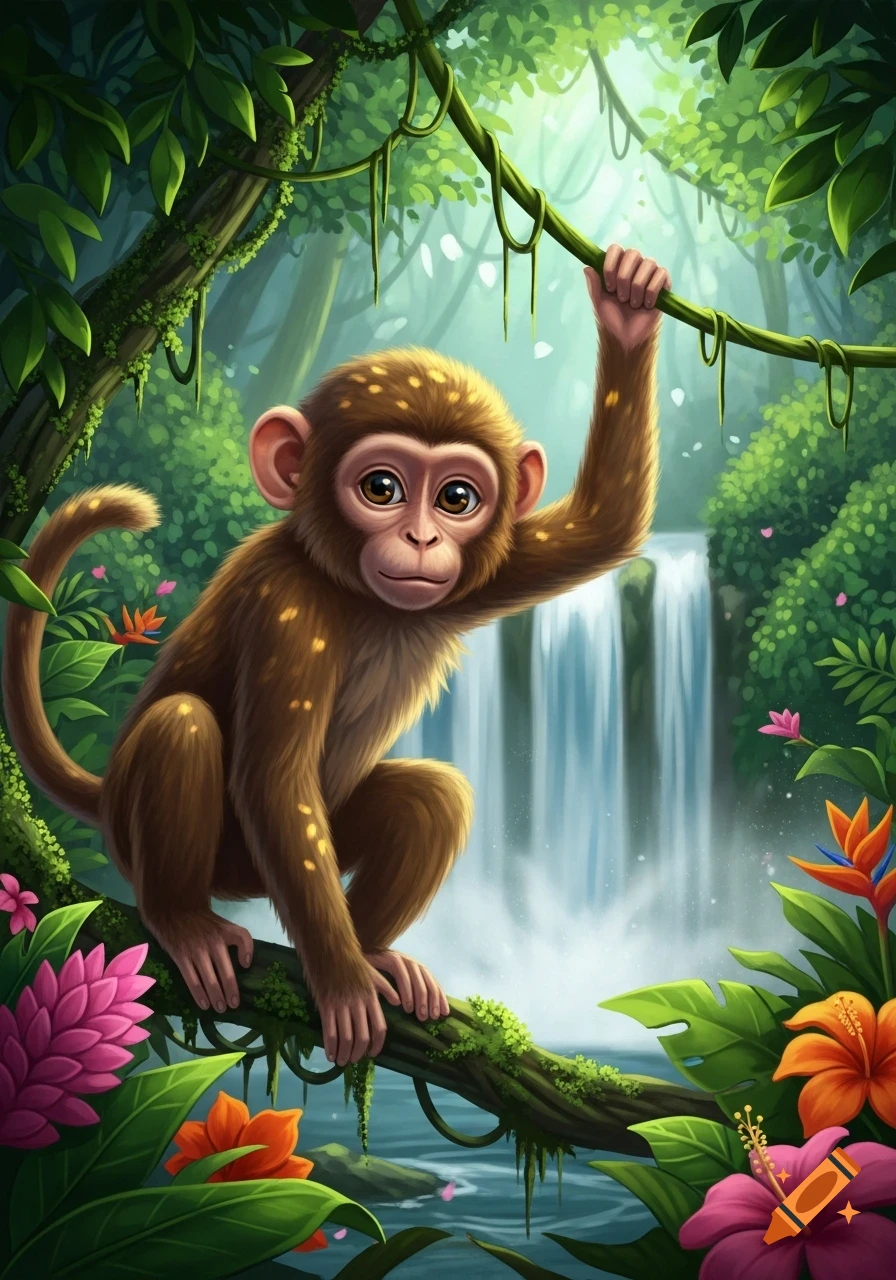 A cute cartoon monkey sits on a branch, holding a vine in a vibrant jungle with a waterfall and exotic flowers.