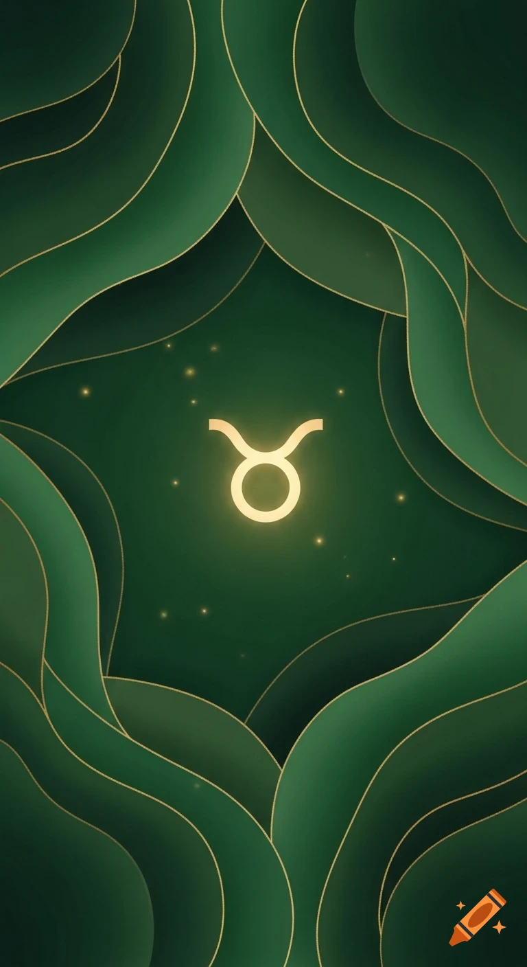 A glowing gold Taurus zodiac symbol centered on a dark green background, surrounded by layered, wavy abstract green and gold shapes.