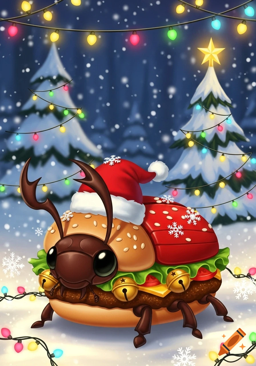A whimsical cartoon bug-like creature, resembling a hamburger with a bun head and patty body, wears a Santa hat and jingle bells. It stands in a snowy forest with illuminated Christmas trees and string lights.