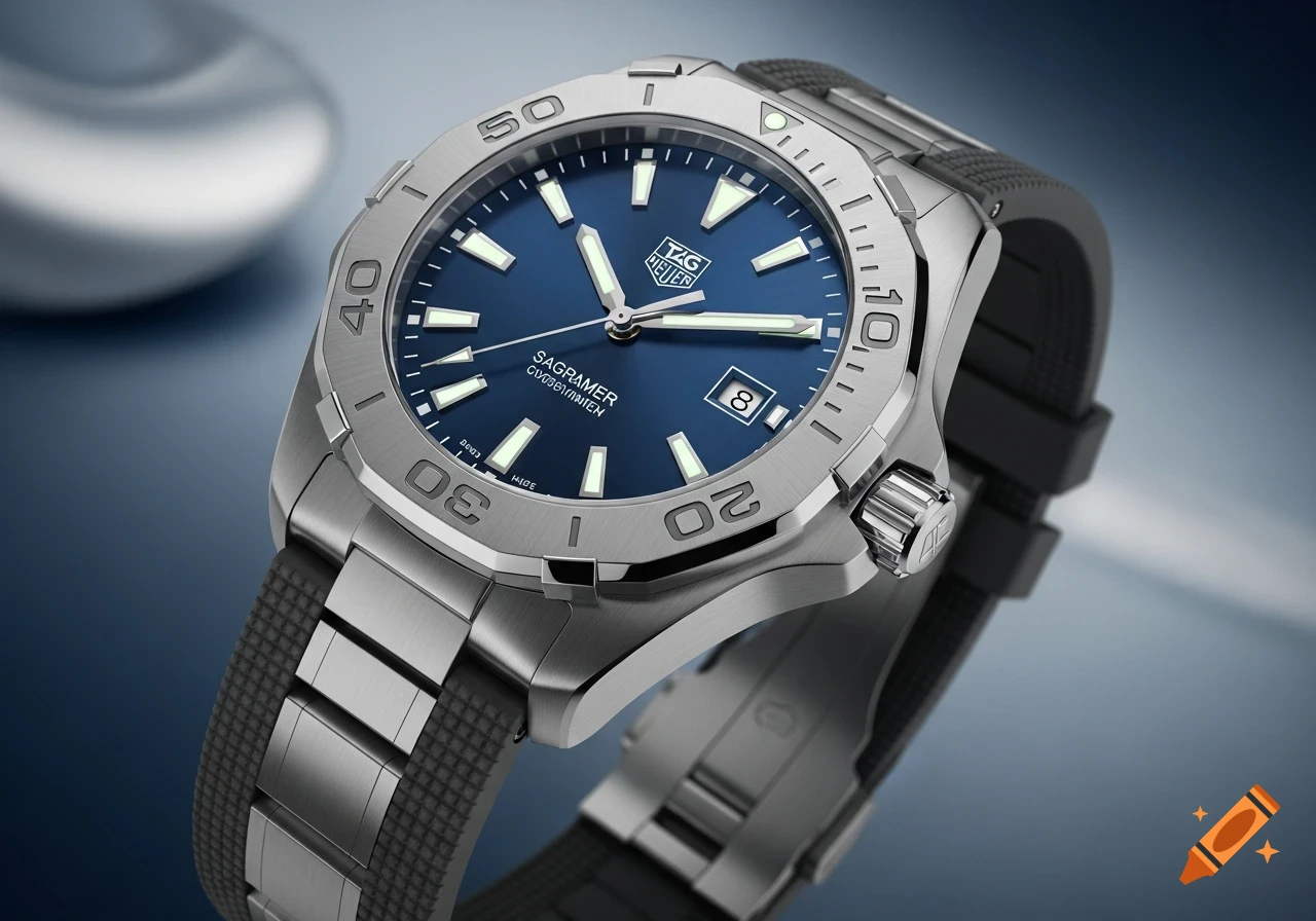 Close-up of a silver watch with a blue dial, luminous markers, and a combination metal and black textured strap, on a blurred grey background.