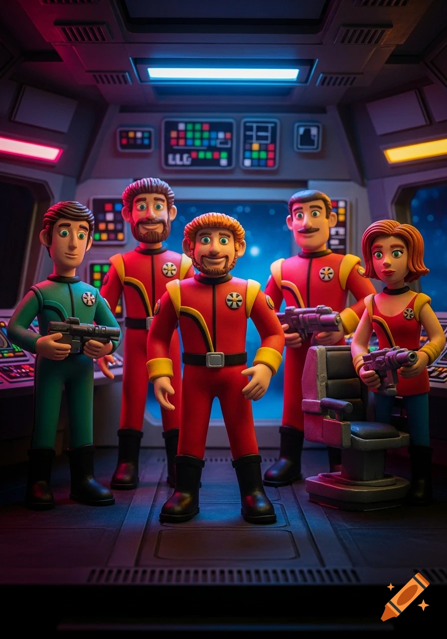 A claymation sci-fi crew, inspired by Red Dwarf, stands heroically in a spaceship cockpit with glowing control panels.