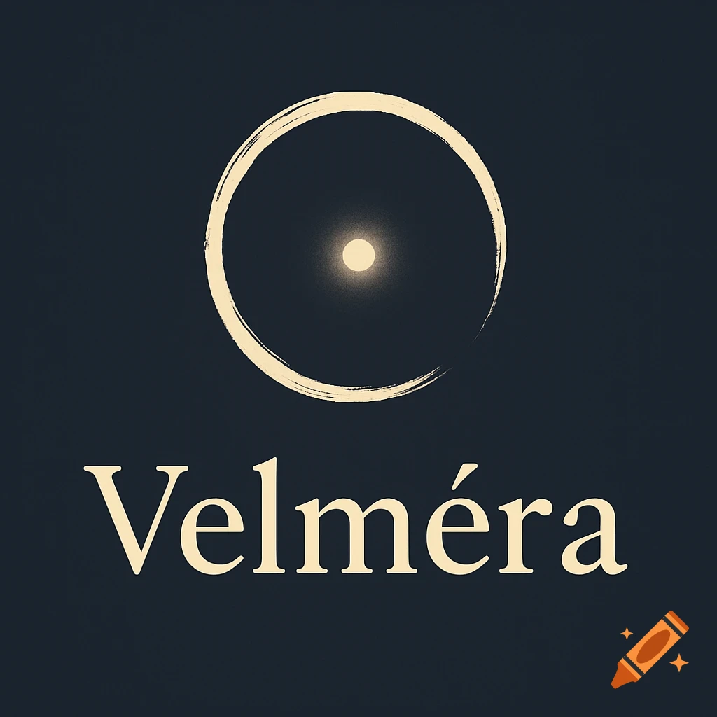 A minimalist logo for "Velméra" with a broken beige circle and a glowing dot above the text, set against a dark background.
