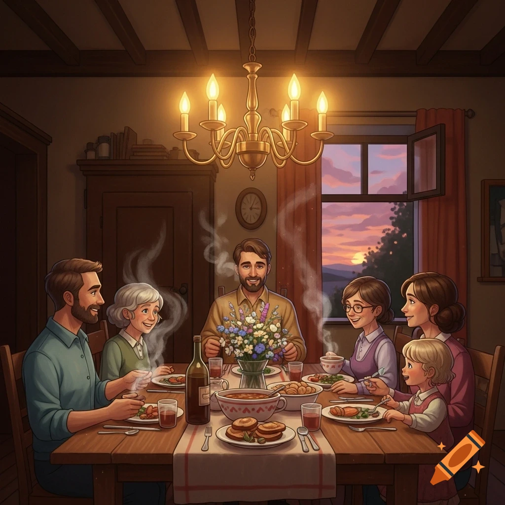 An illustration of a family of six enjoying a warm dinner together at a wooden table, with steaming food and a sunset outside the window.