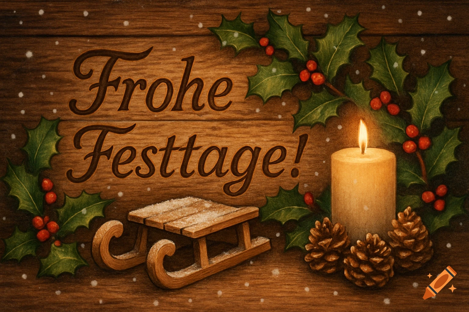 An illustration of a wooden background with "Frohe Festtage!" text, holly, a lit candle, pinecones, and a sled in snow.