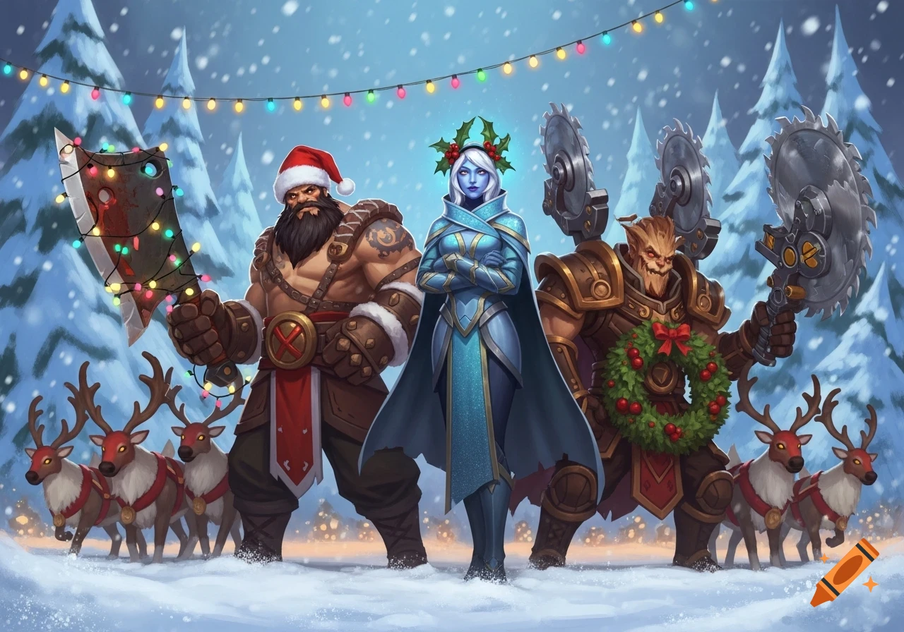 Three fantasy characters, including a bearded man, a blue-skinned woman, and a tree-like creature, stand in a snowy Christmas forest with reindeer.