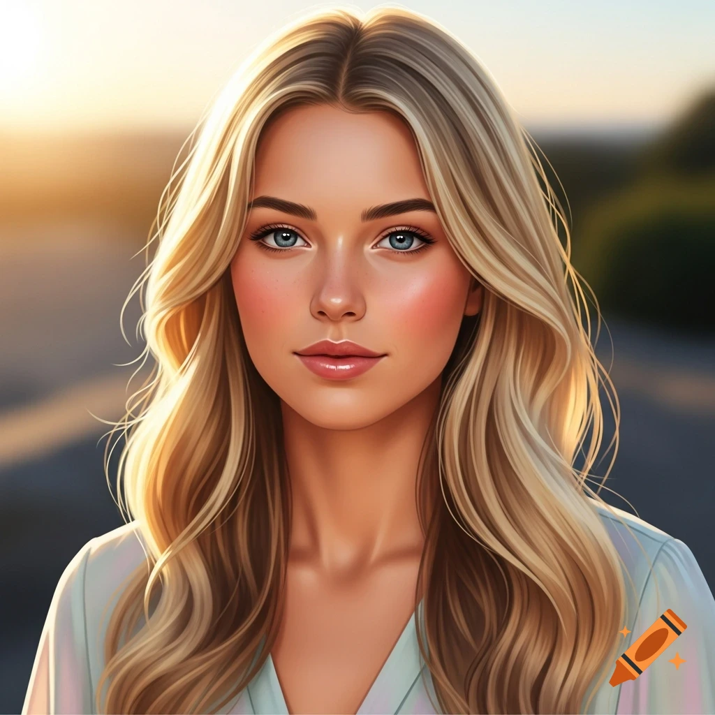 A close-up photorealistic portrait of a blonde woman with blue eyes, looking directly at the viewer. The background is a blurred outdoor scene with warm sunlight.
