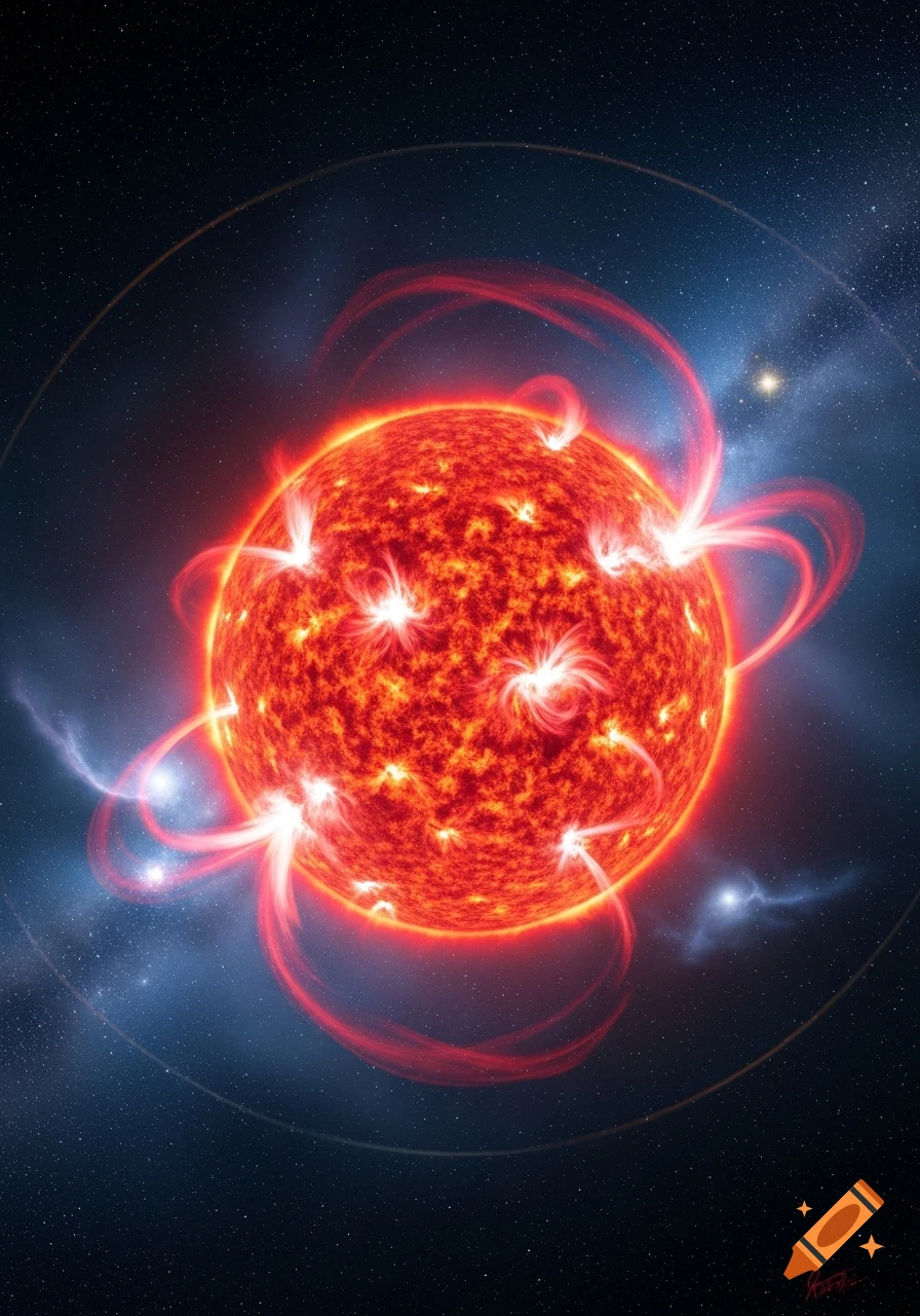 A vibrant red star with glowing white and red flares radiating into dark, star-filled space, encircled by faint rings.