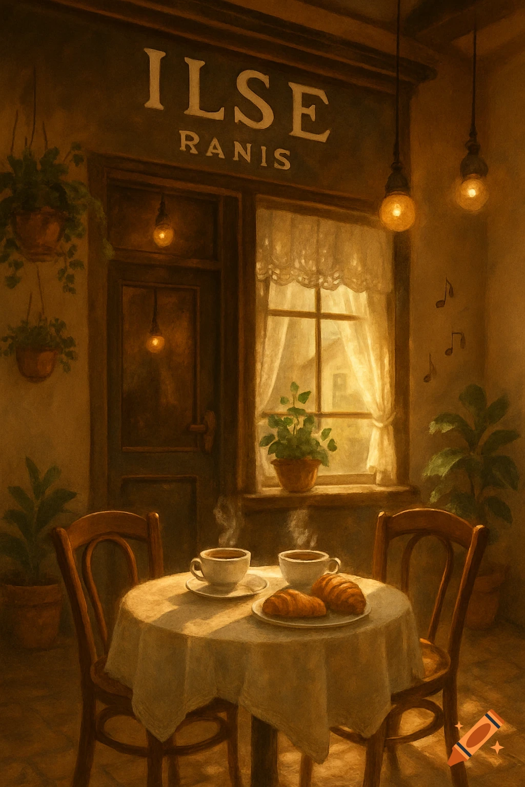 A warm, painterly coffee shop interior. A table with two steaming coffee cups and croissants, two chairs, a window, and a door with an "ILSE RANIS" sign.