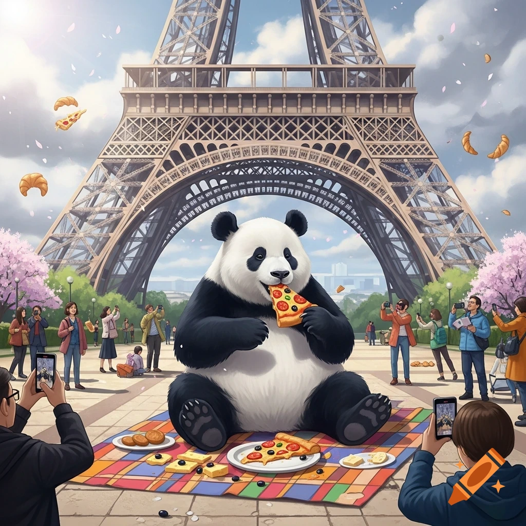 A whimsical illustration of a giant panda eating pizza on a picnic blanket in front of the Eiffel Tower, surrounded by people taking photos.