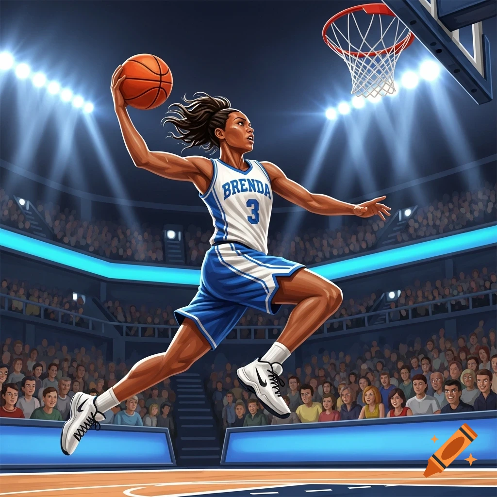 Illustrative image of female basketball player Brenda, number 3, in a white and blue jersey, mid-air dunking a basketball in a stadium.