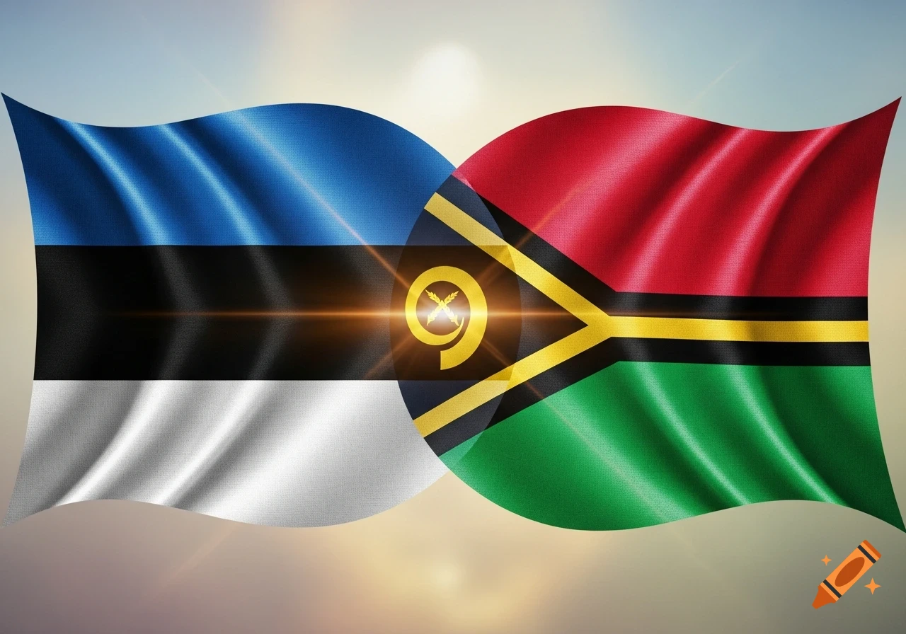 A combination of the waving flags of Estonia and Vanuatu, overlapping with a bright light in the center.