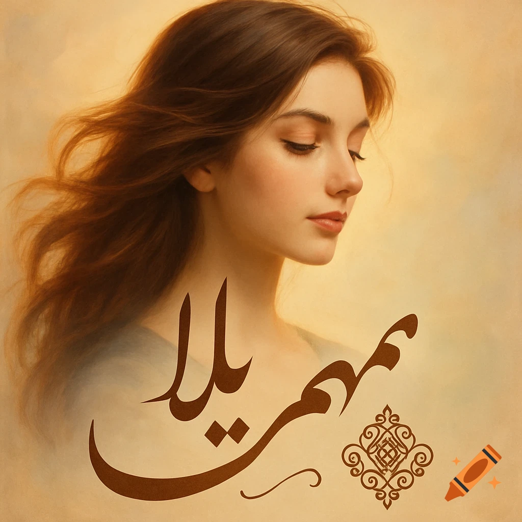 A profile picture of a woman looking down, with flowing brown hair, and ornate Nastaliq calligraphy text 'Mehryla' in brown.