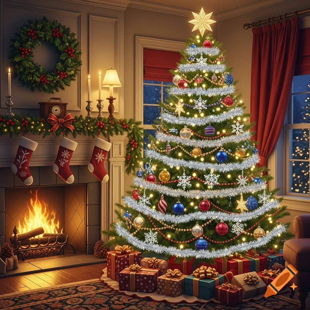 A cozy room with a beautifully decorated Christmas tree, a crackling fireplace with stockings, and presents underneath.