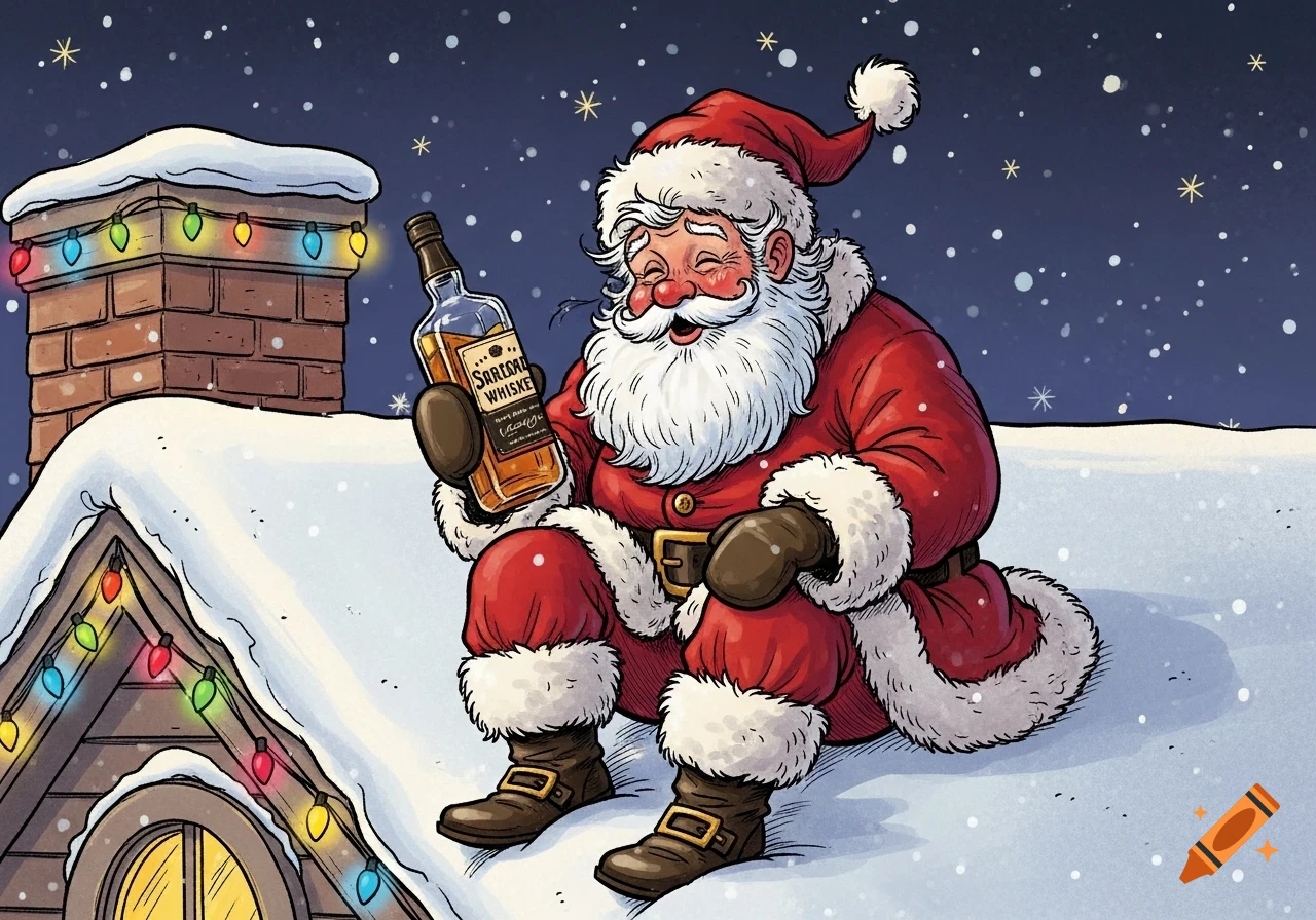 Cartoon illustration of Santa Claus sitting on a snowy roof at night, happily holding a bottle of whiskey.