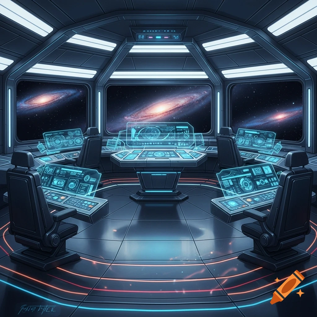A futuristic spaceship command deck with holographic screens and large windows showing swirling galaxies.
