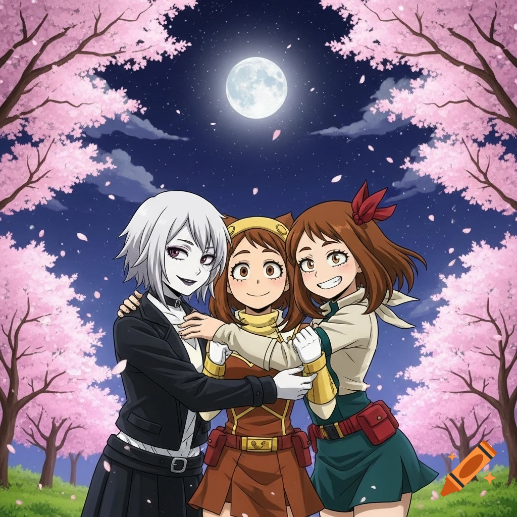 Three anime girls embracing under a full moon with pink cherry blossom trees at night.
