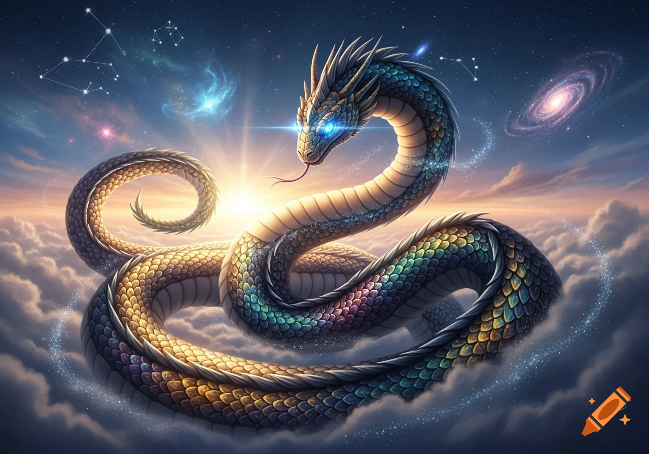 A majestic iridescent serpent with glowing blue eyes coils above clouds under a starry cosmic sky with constellations and galaxies.