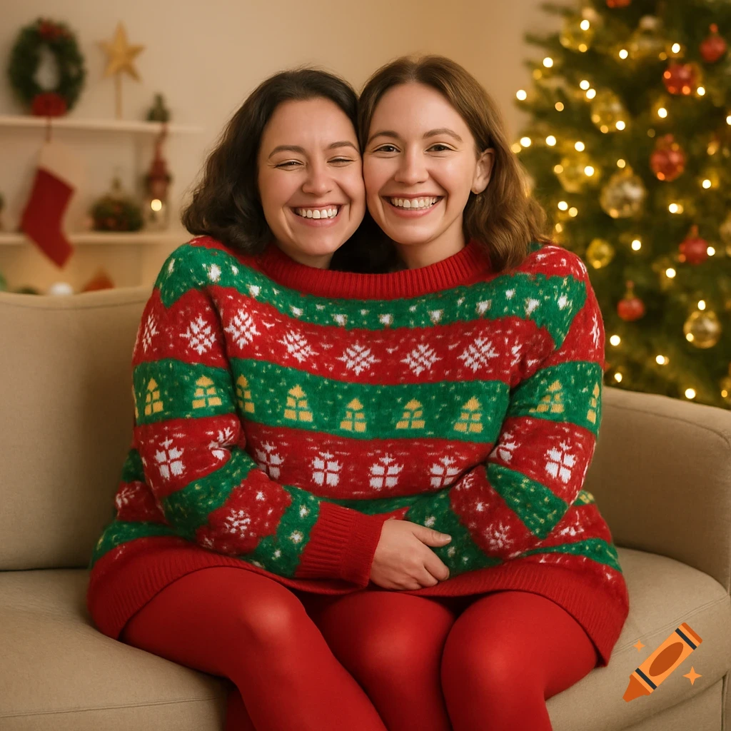 Two happy women in one Christmas sweater and red tights, creating a two-headed illusion, sitting on a sofa in a festive living room.