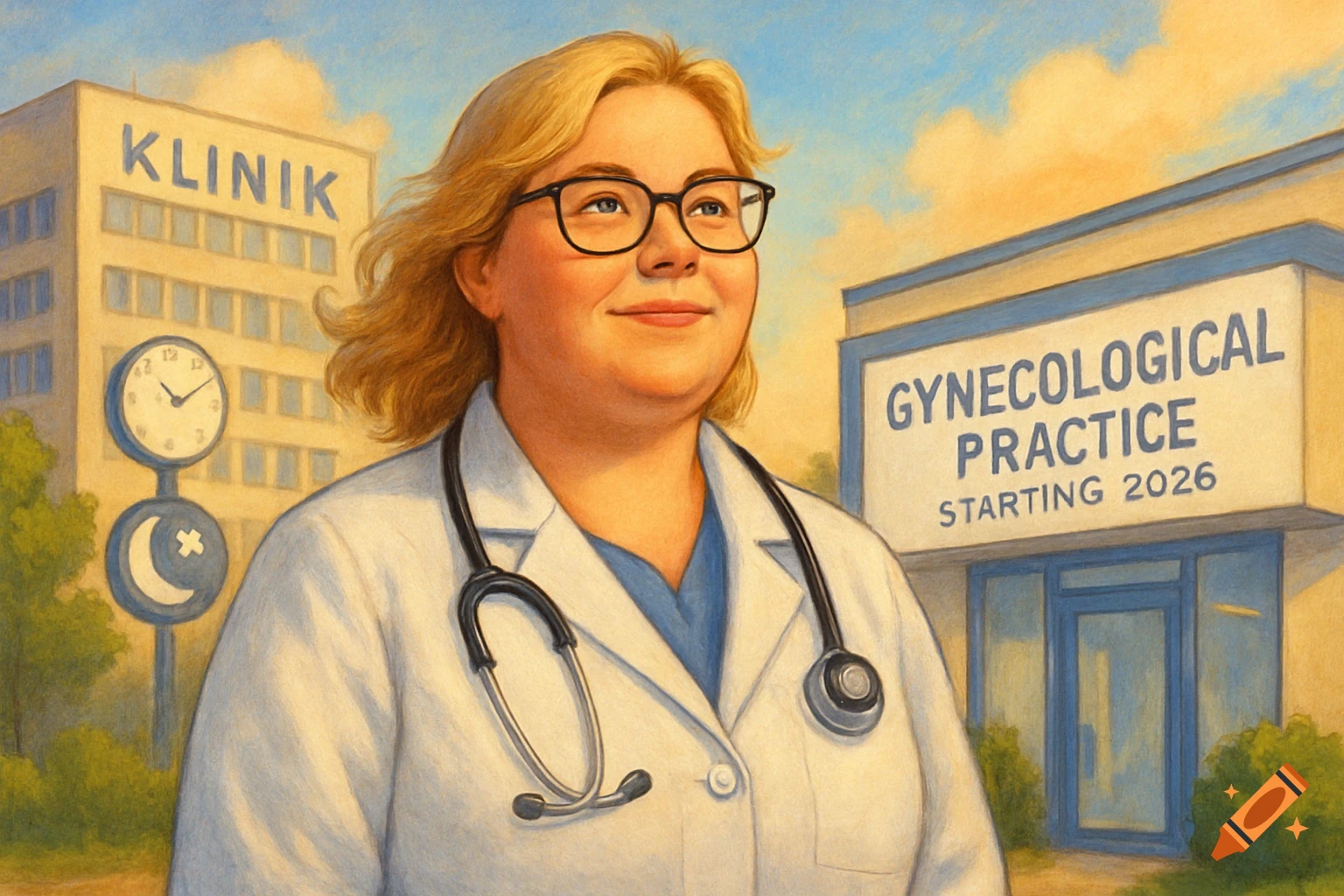 Illustration of a confident female doctor in a white coat, with a clinic and a gynecological practice sign in the background.