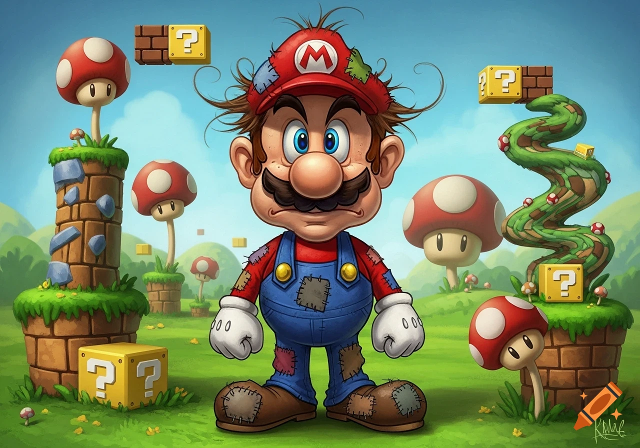 A cartoonish, disheveled Mario with messy hair and patched overalls stands in a Super Mario landscape with mushrooms and question blocks.