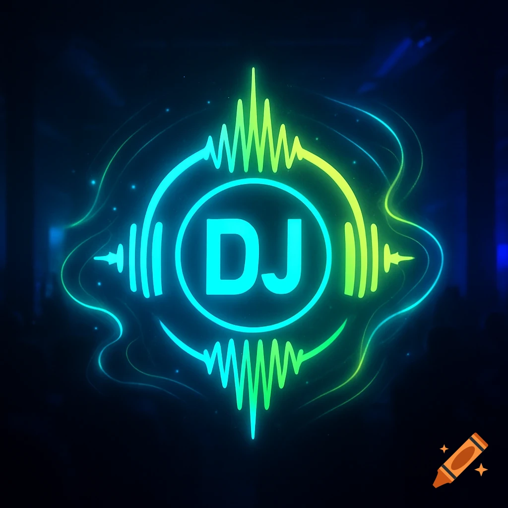 Vibrant neon DJ logo with 'DJ' in the center, surrounded by glowing cyan and lime green soundwaves against a dark club background.