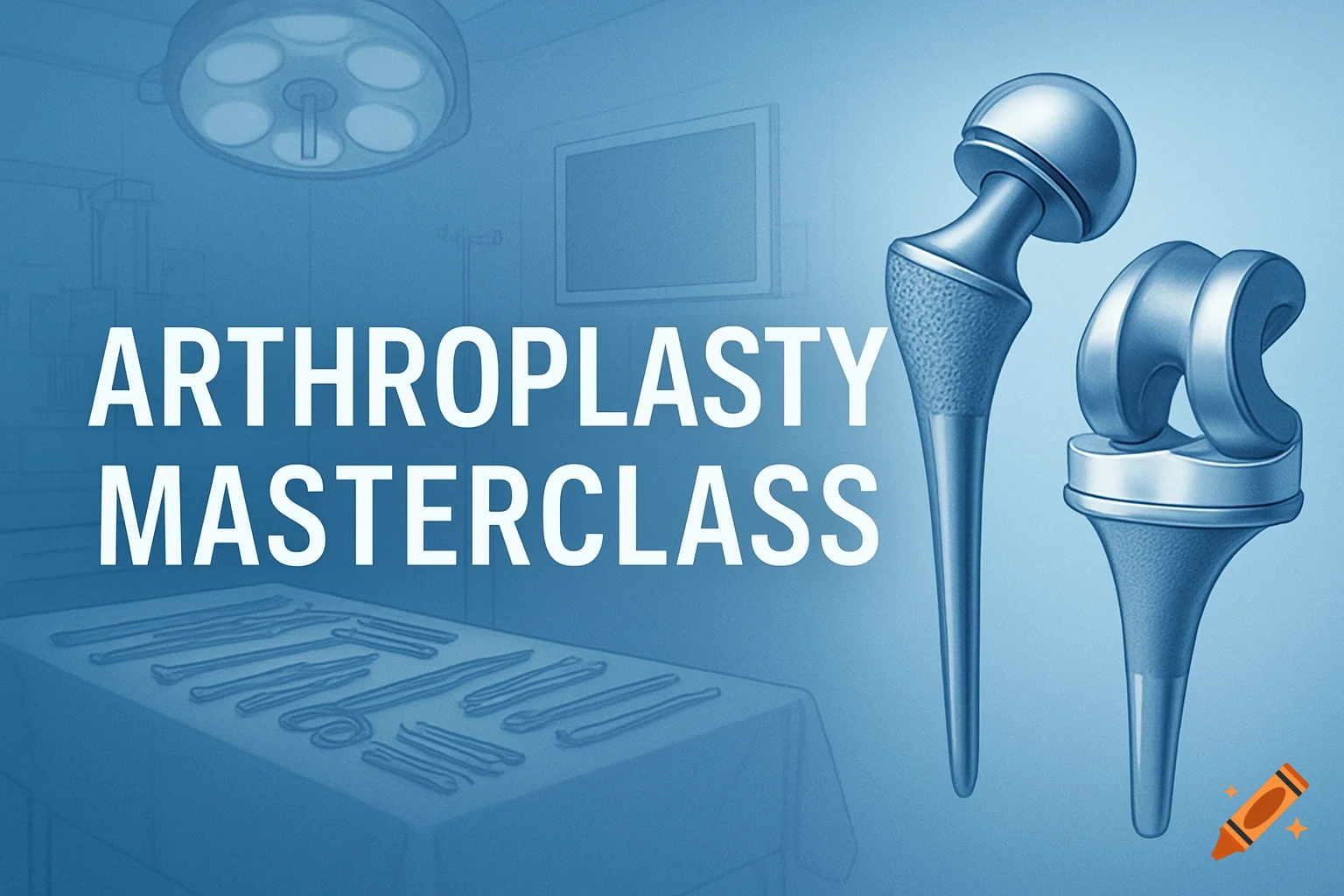 "ARTHROPLASTY MASTERCLASS" text with hip and knee prosthetic implants in a stylized blue operating room.