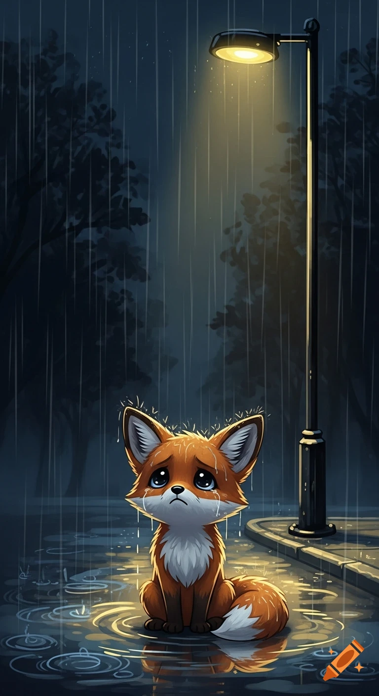 Sad cartoon fox with big eyes crying in heavy rain at night, sitting in puddles under a glowing streetlamp.