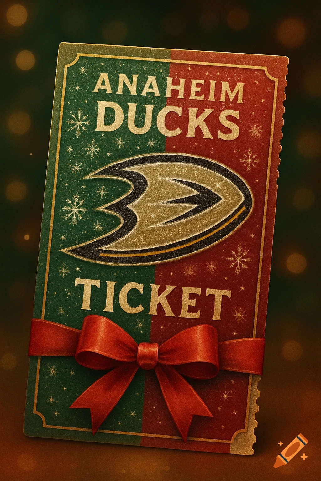 A Christmas-themed Anaheim Ducks hockey ticket, with a red ribbon and golden text on a green and red background with snowflakes.