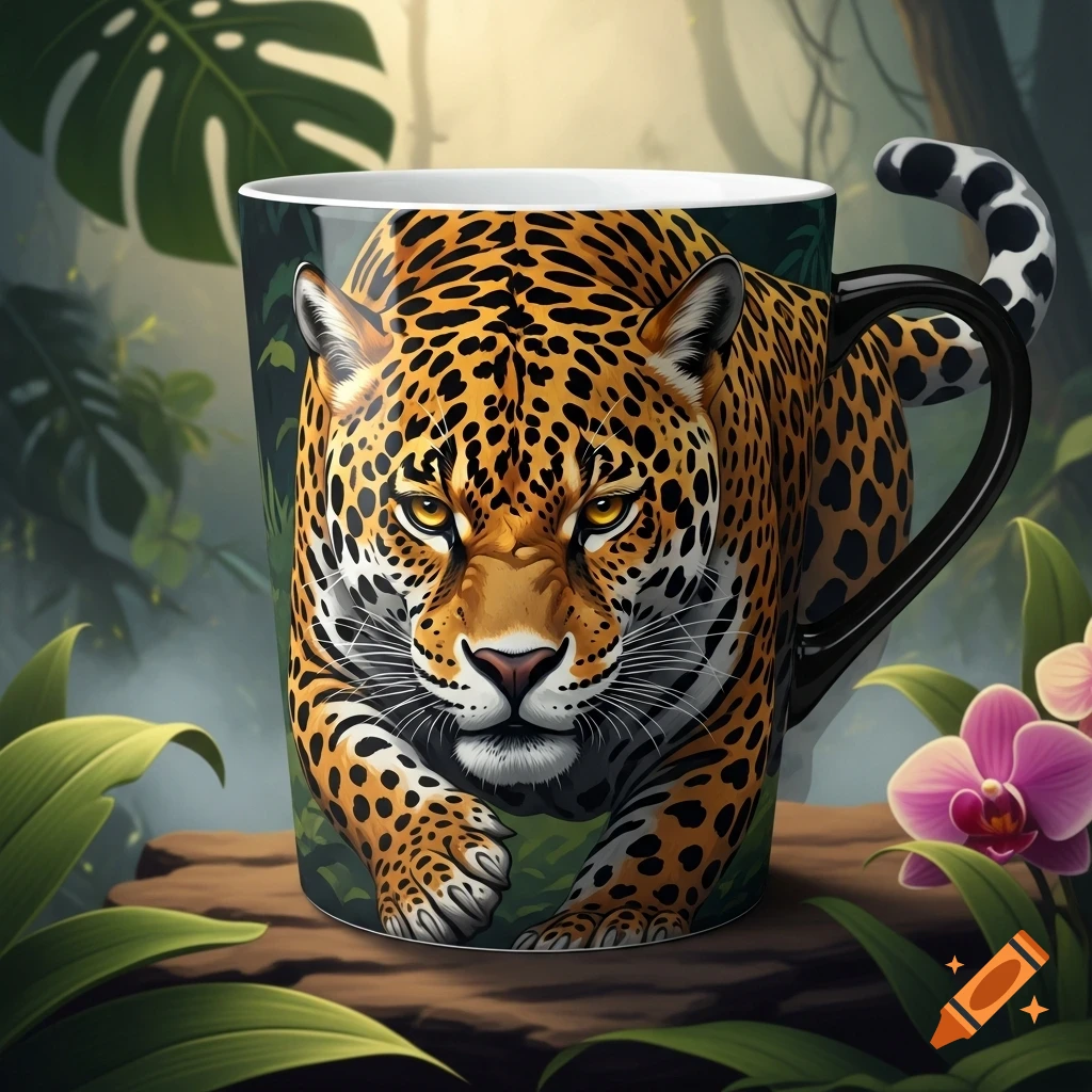 A black mug featuring a detailed illustration of a fierce jaguar face, set against a lush green jungle background with pink orchids.