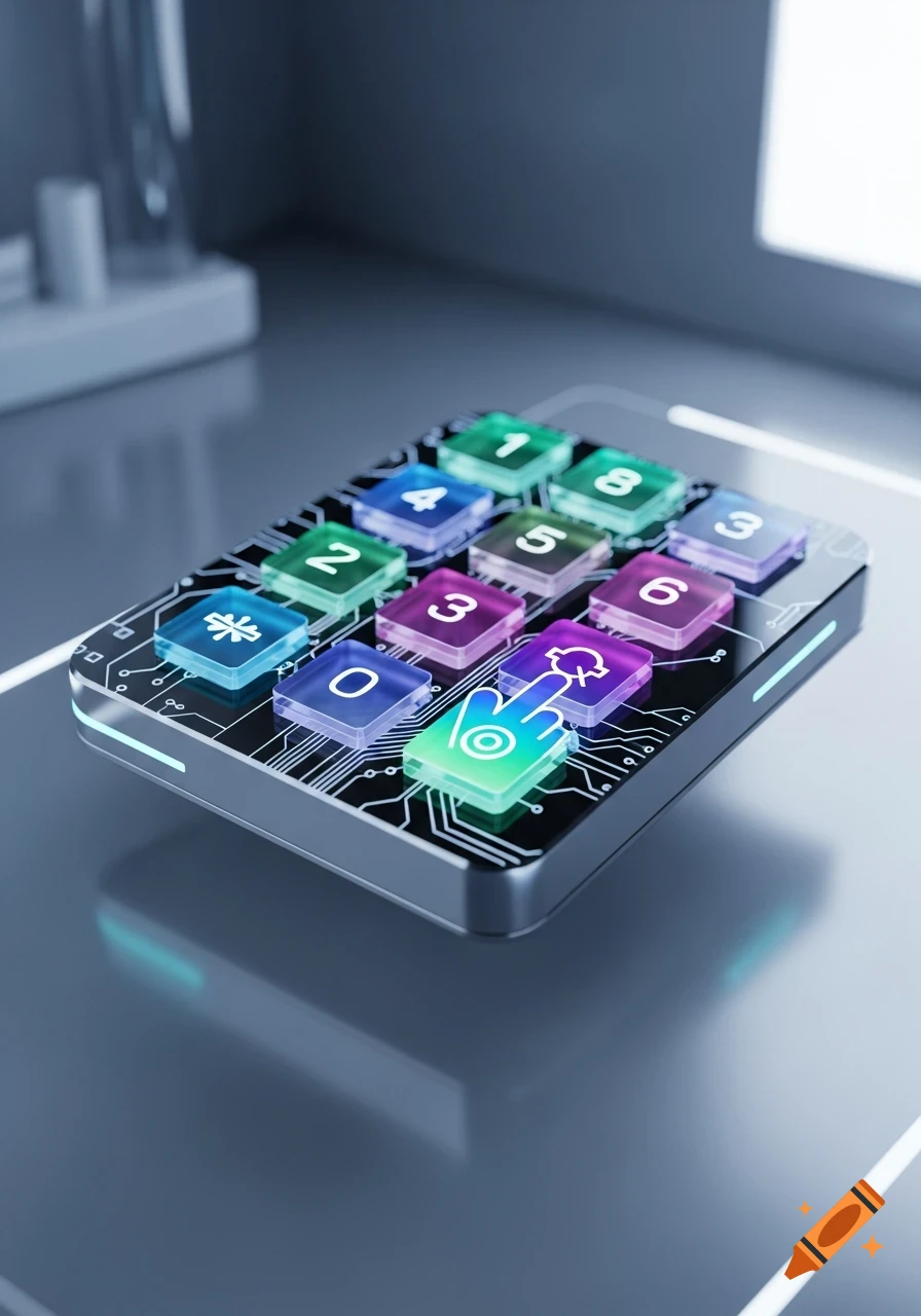 A glowing futuristic keypad with colorful, translucent numbered and symbolic buttons on a dark, circuit board-like surface.