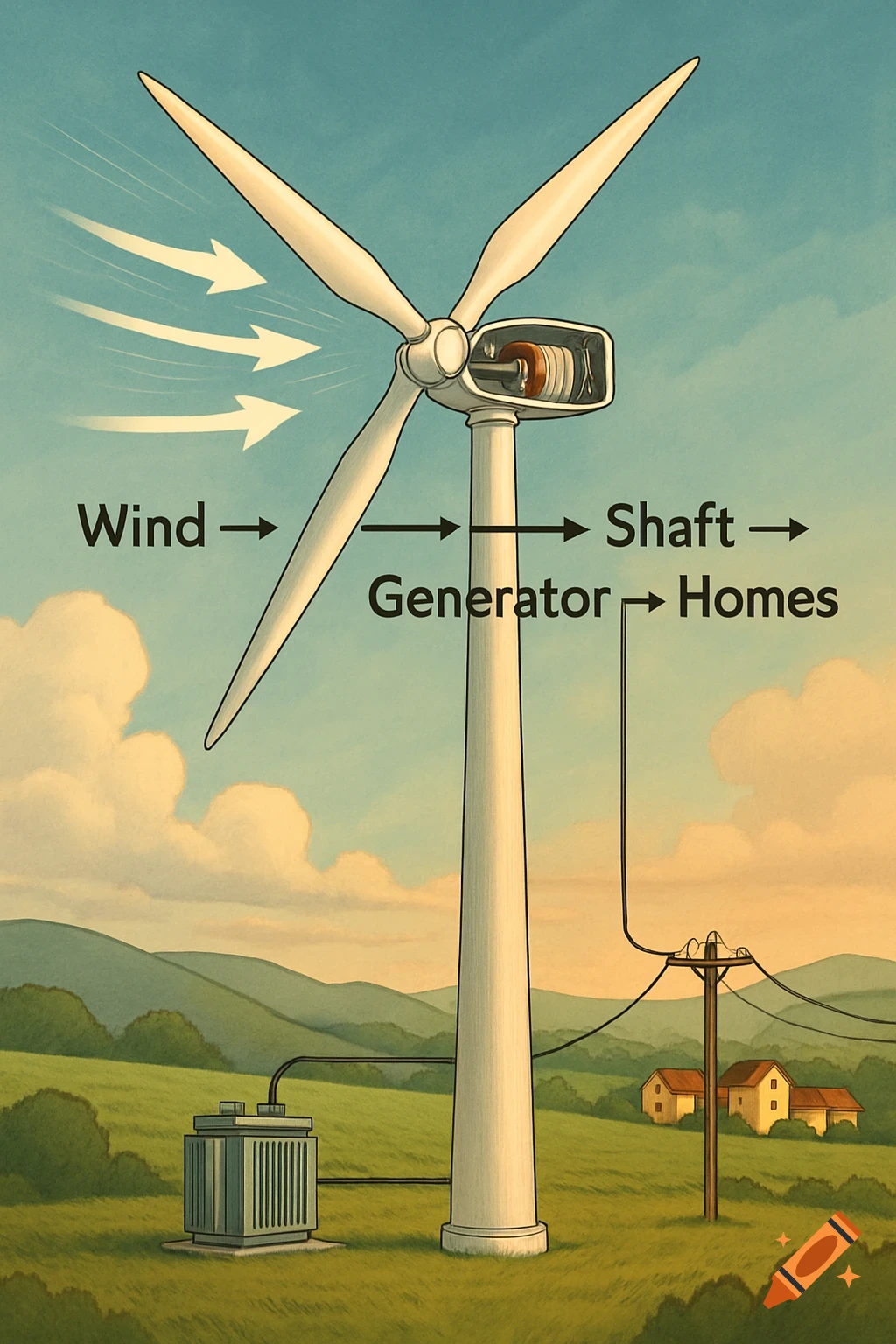 An illustrative diagram of a wind turbine, showing wind hitting the blades, which turn a shaft connected to a generator, and power lines leading to homes. Labels read 'Wind,' 'Shaft,' 'Generator,' and 'Homes.'