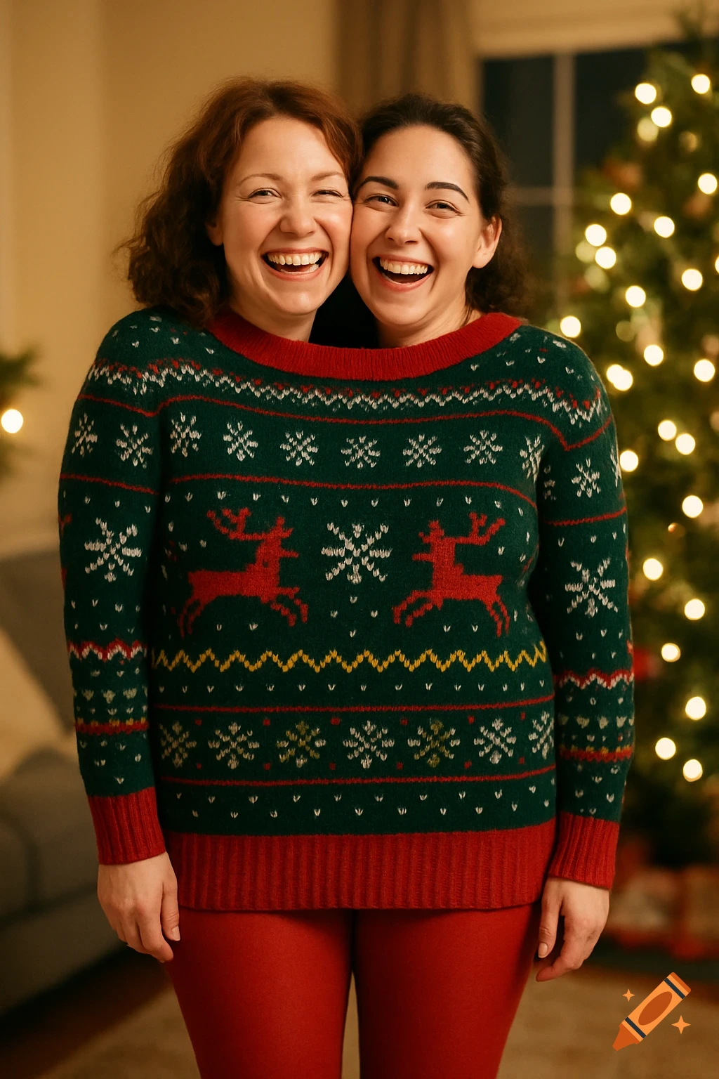 Two smiling women create a two-headed illusion by sharing a single festive Christmas sweater and red pants, in a room with a lighted tree.