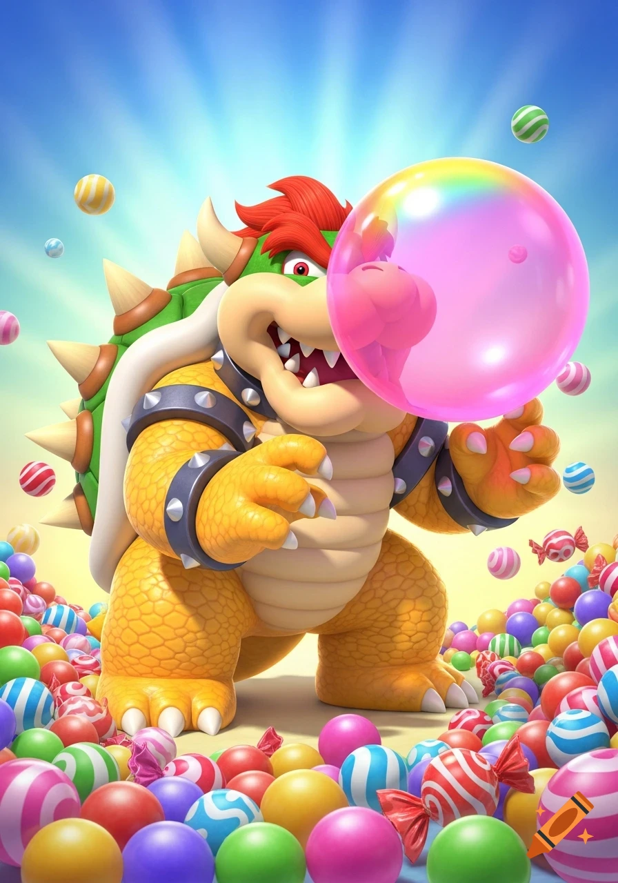 Bowser blowing a large pink bubblegum bubble, surrounded by colorful candies and gumballs, against a bright sky.
