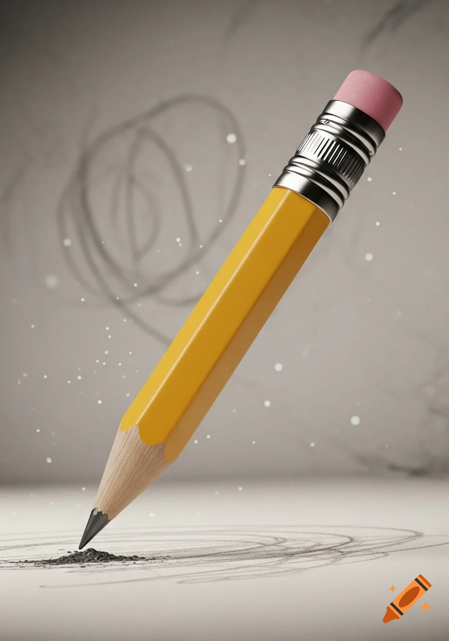 A photorealistic yellow pencil with a pink eraser, creating pencil shavings and scribbles on a white surface.