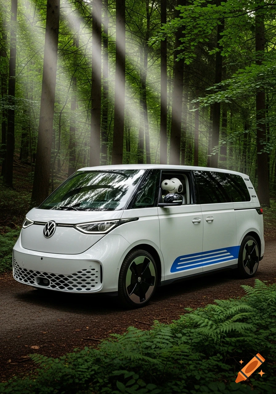 Photorealistic image of a white Volkswagen ID. Buzz van with blue stripes, Snoopy peering from the driver's window, on a dirt path in a sunlit green forest.
